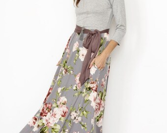 Solid Grey Top Floral Sash Maxi Dress