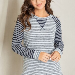 Two Tone Stripe Color Block Raglan Tunic with V-Stitch S to 3X Plus image 1