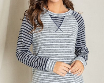 Two Tone Stripe Color Block Raglan Tunic with V-Stitch S to 3X Plus