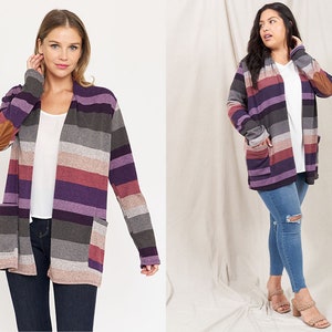 Purple Charcoal Multi Stripe Elbow Patch Cardigan with Pockets