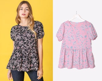 Paisley Puff Sleeve Babydoll Peplum Blouse Top | 2 Colors | S to 3X Plus