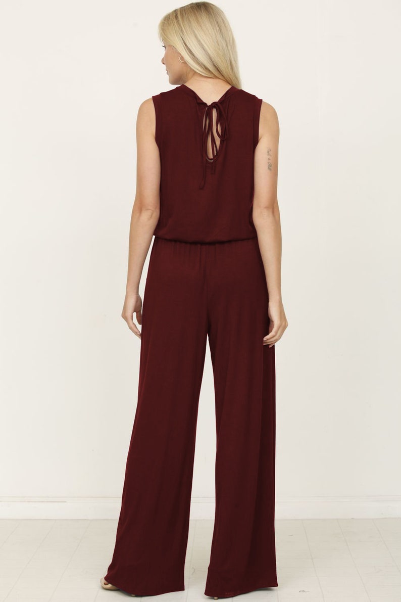 Solid Sleeveless Blouson Jumpsuit with Tie Keyhole Back S to 3X 4 Colors image 2