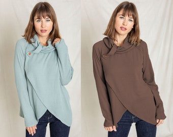 Light Waffle Knit Turtle Neck Tunic with Tab Accent | 4 Colors | S to 3X Plus