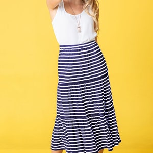 Tiered Stipe Midi Skirt 3 Colors S to 3X Plus Navy