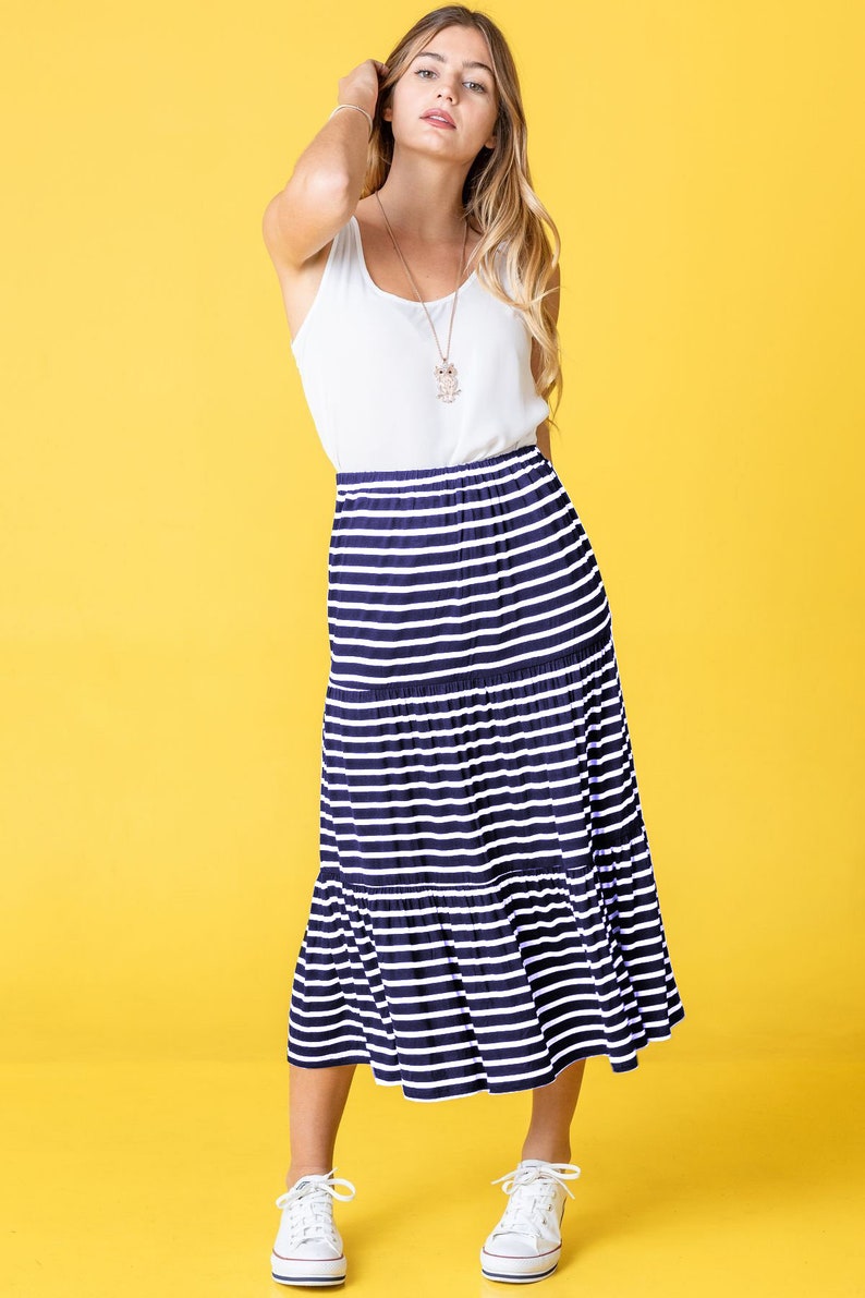 Tiered Stipe Midi Skirt 3 Colors S to 3X Plus Navy