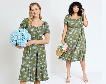 Sage Aqua Floral Puff Sleeve Ruffle Hem Midi Dress | Small-3X