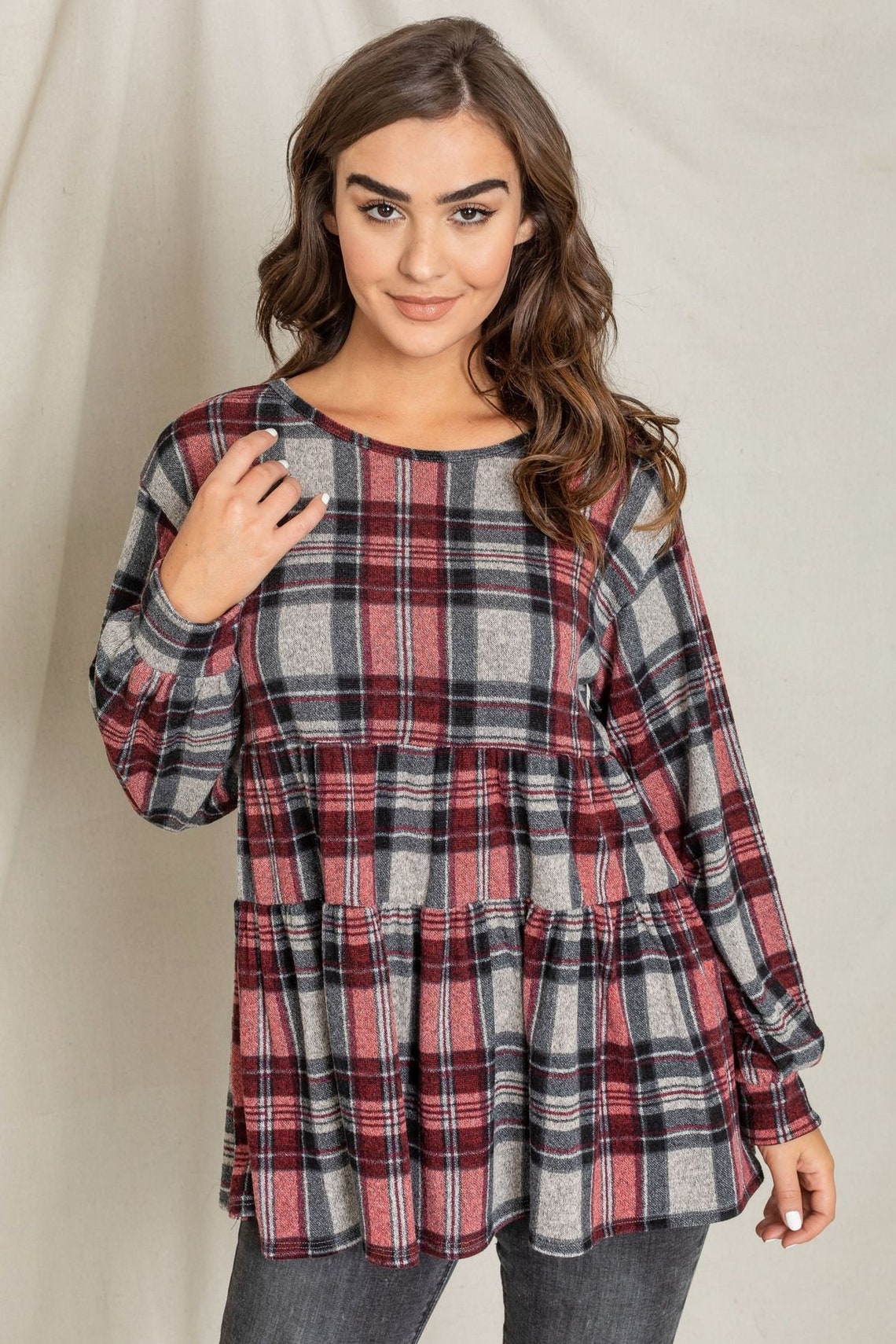 Plaid Tiered Bishop Sleeve Tunic S to 3xreg Plus - Etsy