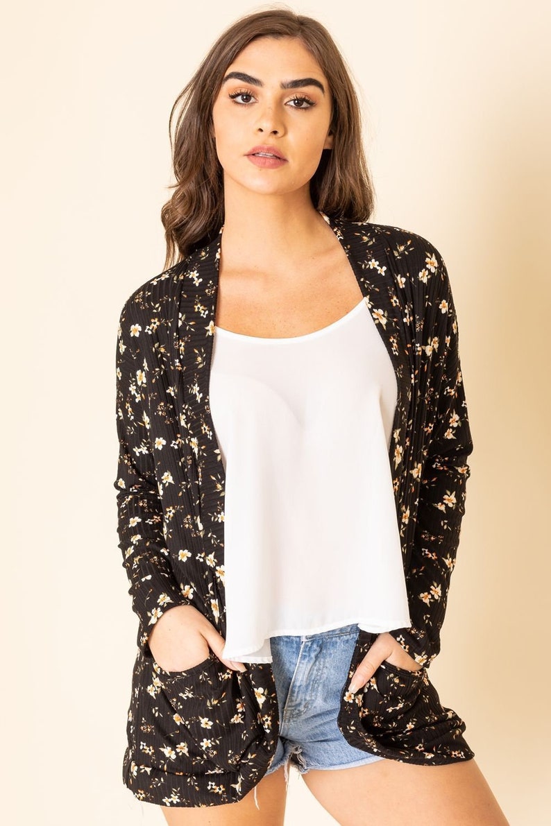 2 Colors Ditsy Floral Ribbed Slouch Cardigan
