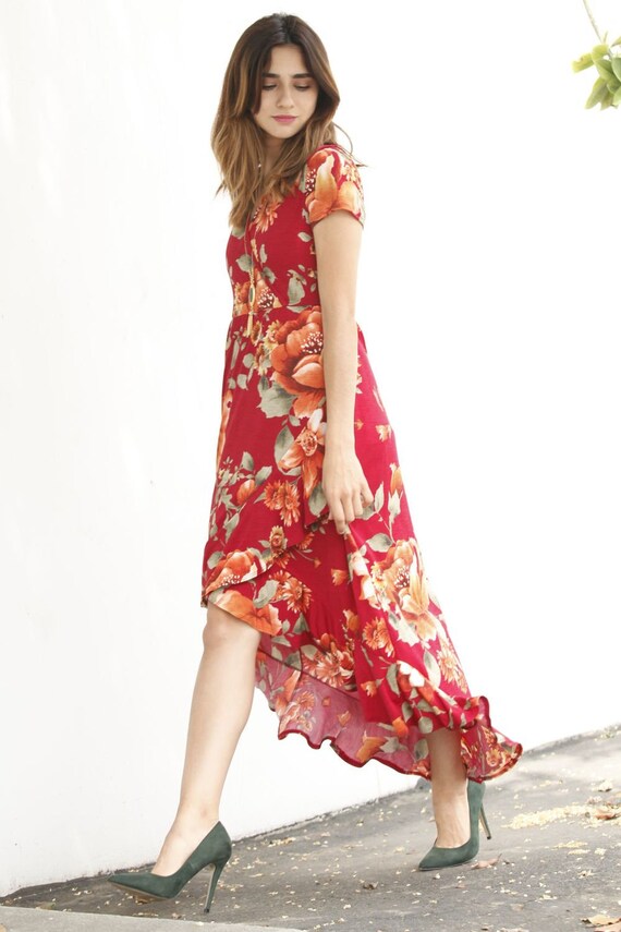 Red Floral Ruffle Tulip Hem Maxi Dress - Etsy Canada