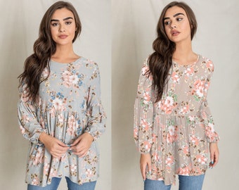 Vintage Floral Babydoll Bishop Sleeve Tunic | 2 Colors | S to 3X (Reg, Plus)