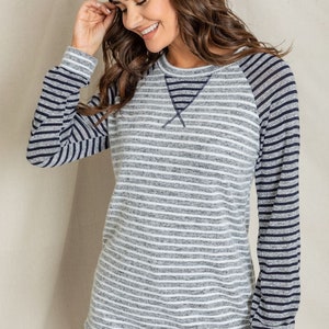 Two Tone Stripe Color Block Raglan Tunic with V-Stitch S to 3X Plus image 4