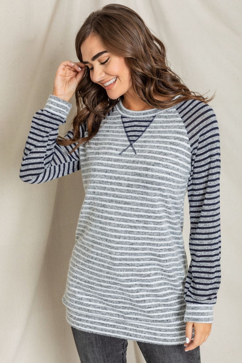 Two Tone Stripe Color Block Raglan Tunic with V-Stitch S to 3X Plus image 4