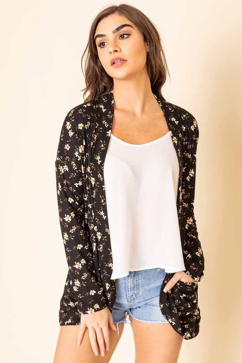 2 Colors Ditsy Floral Ribbed Slouch Cardigan