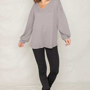 Waffle knit V-Neck Bishop Sleeve Loose Top 6 Colors S to 3X Plus image 6