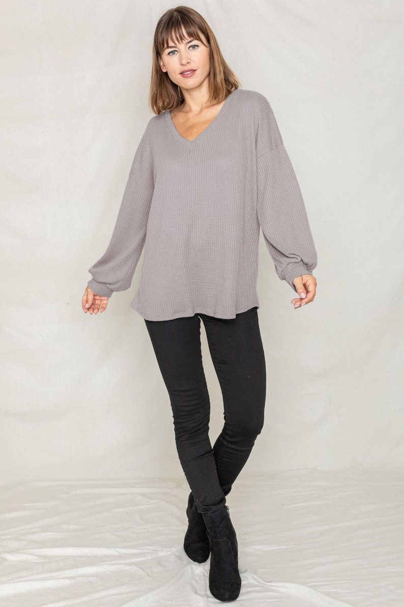 Waffle knit V-Neck Bishop Sleeve Loose Top 6 Colors S to 3X Plus image 6