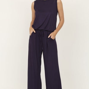 Solid Sleeveless Blouson Jumpsuit with Tie Keyhole Back S to 3X 4 Colors Navy