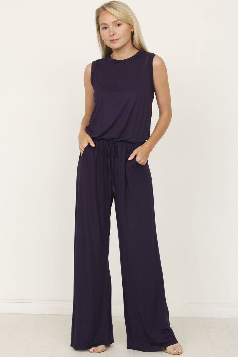 Solid Sleeveless Blouson Jumpsuit with Tie Keyhole Back S to 3X 4 Colors Navy