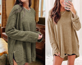 Oversized wafelgebreide top met zijsplitten| 4 kleuren | S-2XL