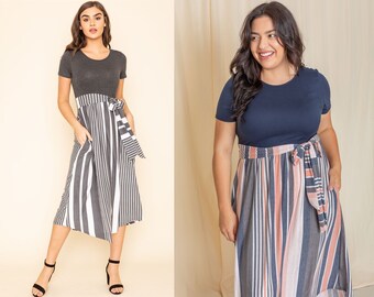 Short Sleeve Contrast Stripe Sash Midi Dress | 4 Colors | S-3X