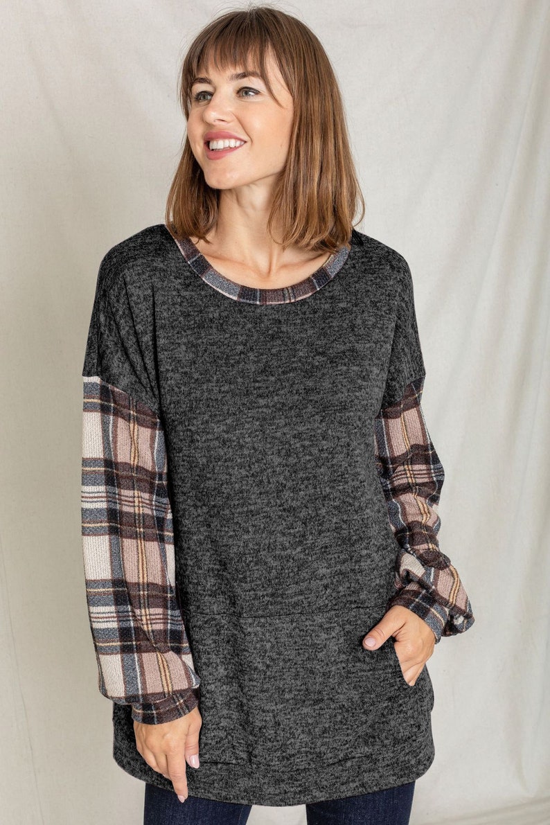 Drop Shoulder Knit Mocha Plaid Sleeve Kangaroo Pocket Tunic S - Etsy