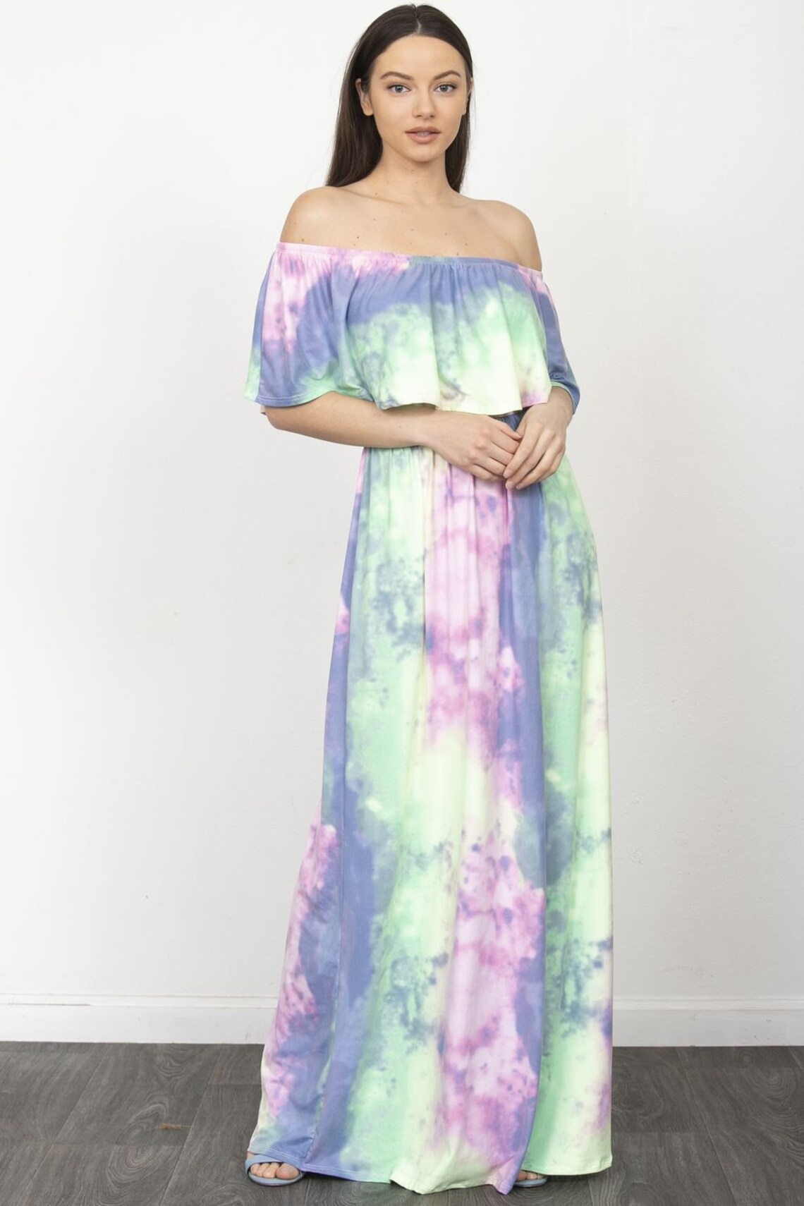 Colorblock Tie Dye Ruffle Off-The-Shoulder Crop Top