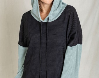 Two Tone Color Block Drop Shoulder Waffle Knit Hoodie | 2 Colors | S to 3X Plus