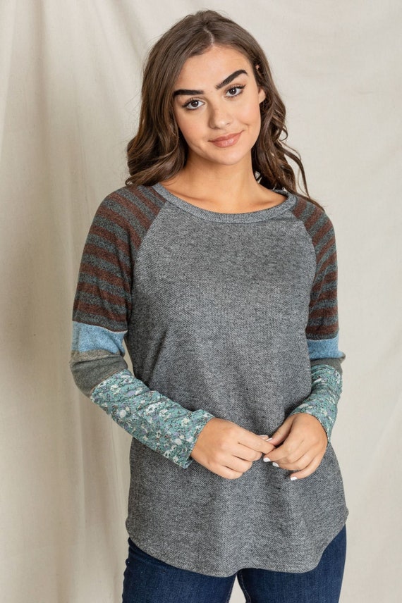 Raglan Terry Contrast Pattern Color Block Sleeve Tunic 2 Colors S to 3X  Plus -  Canada