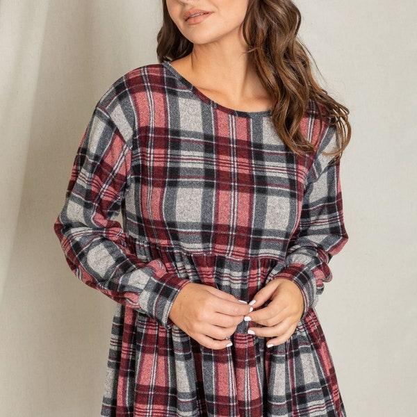 Plaid Tiered Bishop Sleeve Tunic  | S to 3X(Reg, Plus)