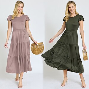 Solid Flutter Sleeve Tiered Tea Length Dress | 4 Colors | S-3X