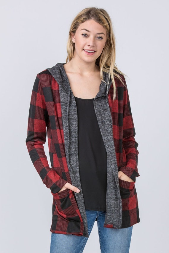 Buffalo Plaid Hooded Cardigan - Etsy