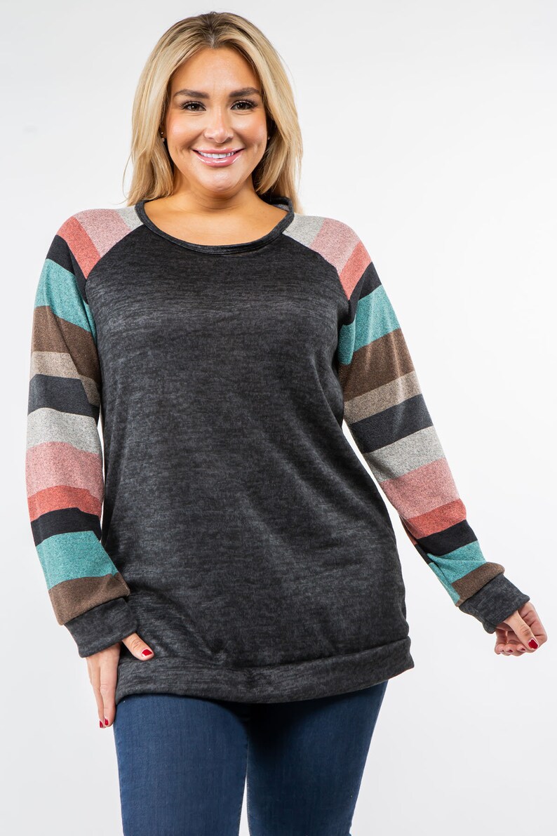 Multi Stripe Raglan Long Sleeve Knit Tunic 5 Colors S-3X image 6