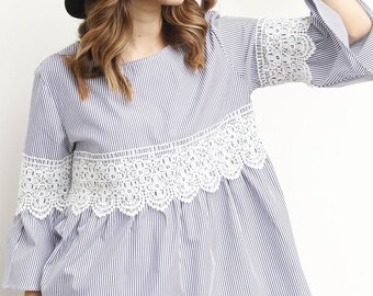 Blue Stripe Ruffle Sleeve with Lace Top