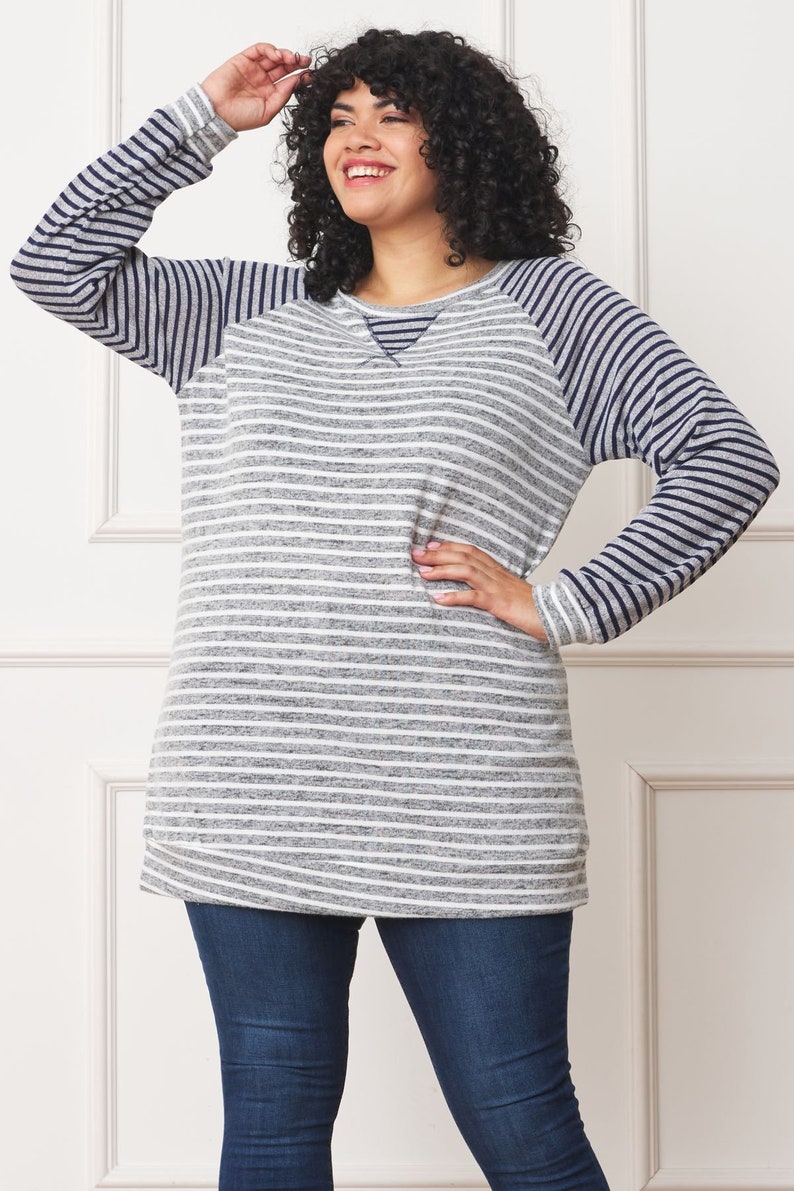 Two Tone Stripe Color Block Raglan Tunic with V-Stitch S to 3X Plus image 7