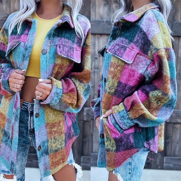 Multicolor Brushed Plaid Pocketed Oversize Shacket