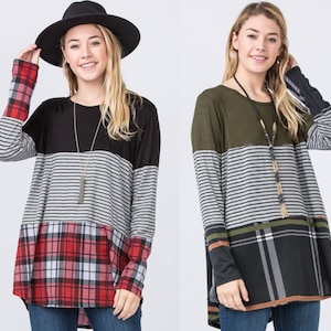 Solid Stripe Plaid Color Block Tunic | 3 Colors | S to 3X Plus