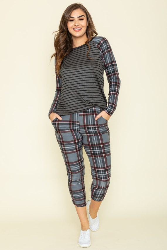 Plaid joggers with stripe clearance