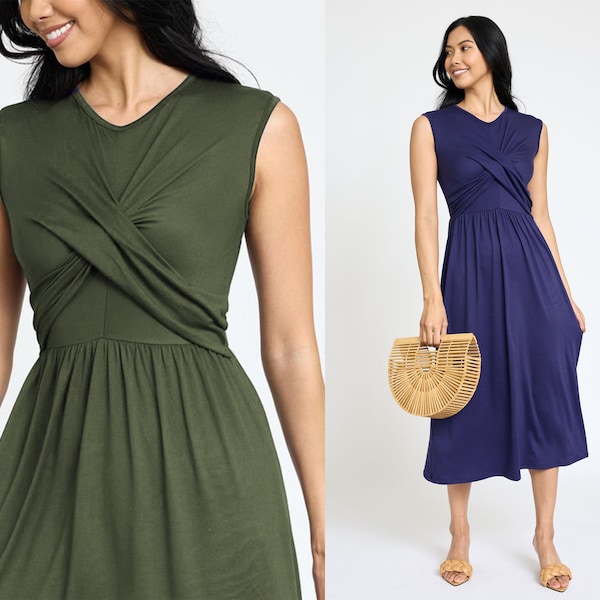Sleeveless Cross-Over Bodice Midi Dress