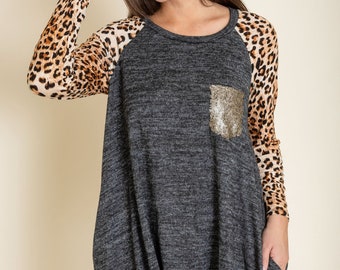 Charcoal Cheetah Print Sleeve With Sequin Pocket