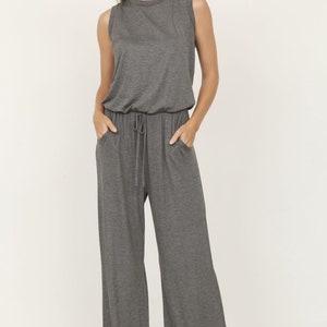 Solid Sleeveless Blouson Jumpsuit with Tie Keyhole Back S to 3X 4 Colors Charcoal