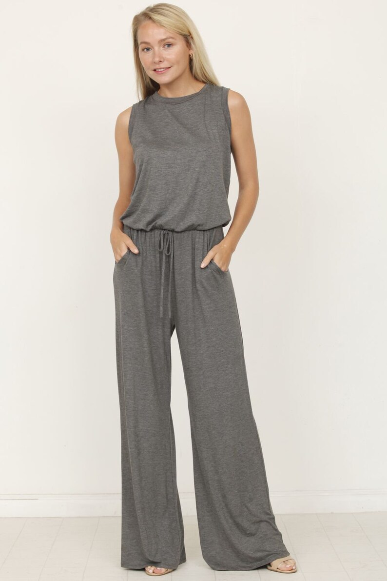 Solid Sleeveless Blouson Jumpsuit with Tie Keyhole Back S to 3X 4 Colors Charcoal