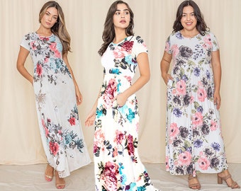 Ivory Floral Short Sleeve Maxi Dress with Pockets | 3 Colors | S to 3X