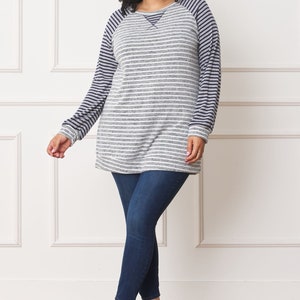 Two Tone Stripe Color Block Raglan Tunic with V-Stitch S to 3X Plus image 6