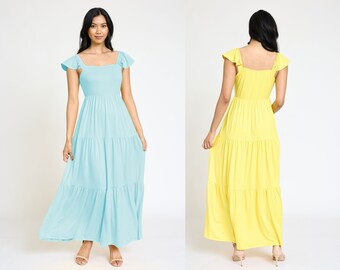 Solid Flutter Sleeve Tiered Maxi Sundress | 6 Colors | S-3X