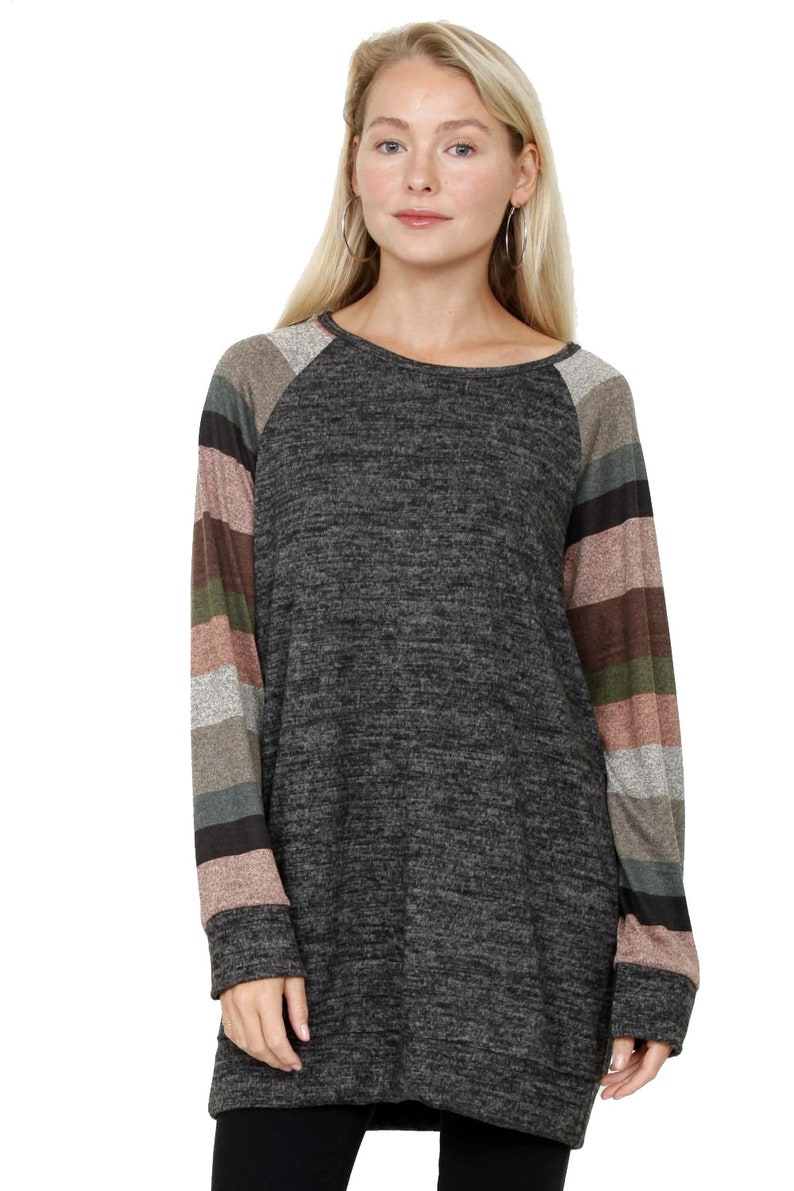 Multi Stripe Raglan Long Sleeve Knit Tunic 5 Colors S-3X Salmon Sage