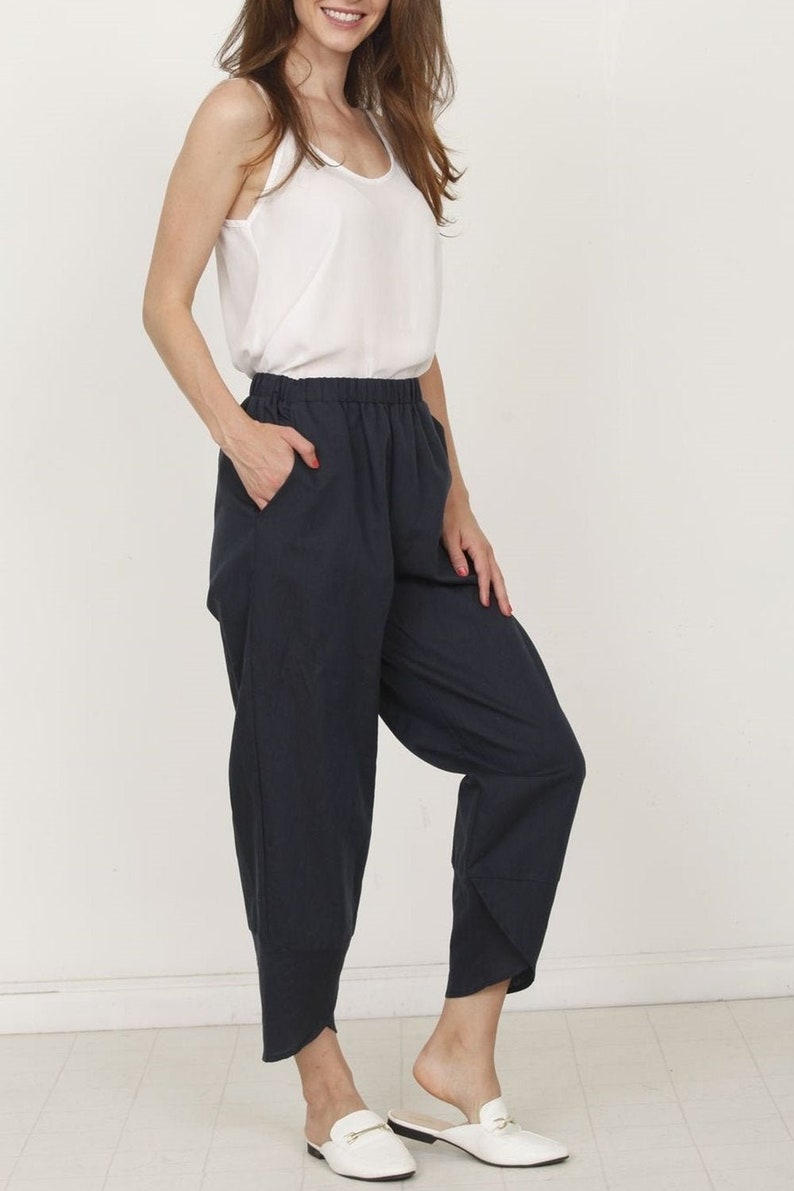 Navy Tulip Hem Cotton Linen Pants_plus Etsy