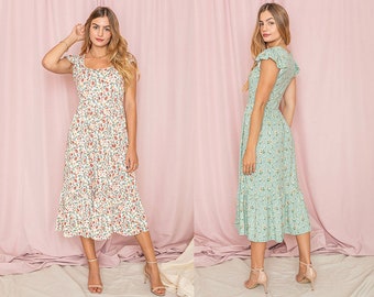 Spring Ditsy Floral Flutter Cap Sleeve Square Neck Midi Dress | 3 Colors | S to 3X Plus