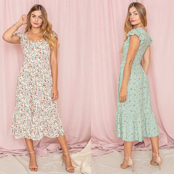 Spring Ditsy Floral Flutter Cap Sleeve Square Neck Midi Dress | 3 Colors | S to 3X Plus