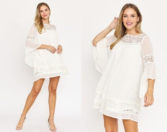 Chiffon Angel Sleeve Mini Dress with Lace | 3 Colors