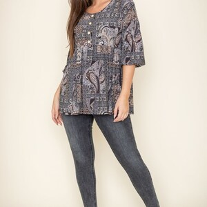 Black Brown Paisley Patchwork Button Accent Babydoll Top_Plus main image 0