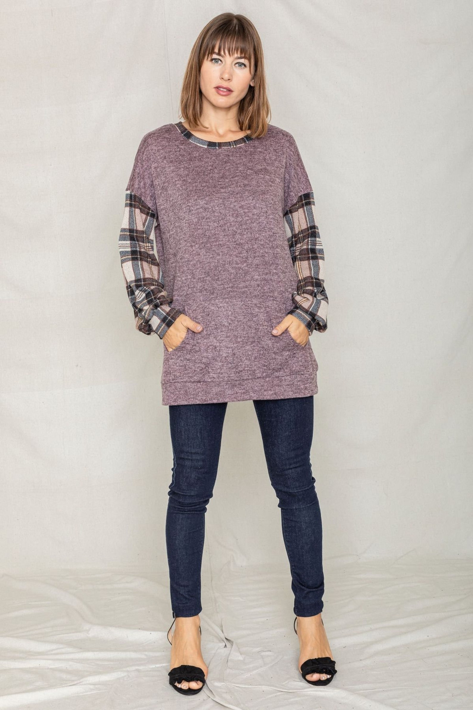 Drop Shoulder Knit Mocha Plaid Sleeve Kangaroo Pocket Tunic S - Etsy